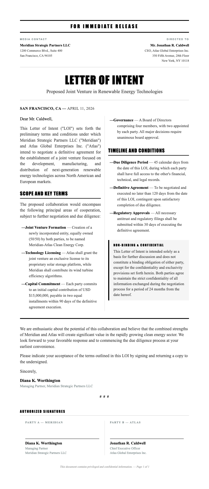 Press release Letter of Intent